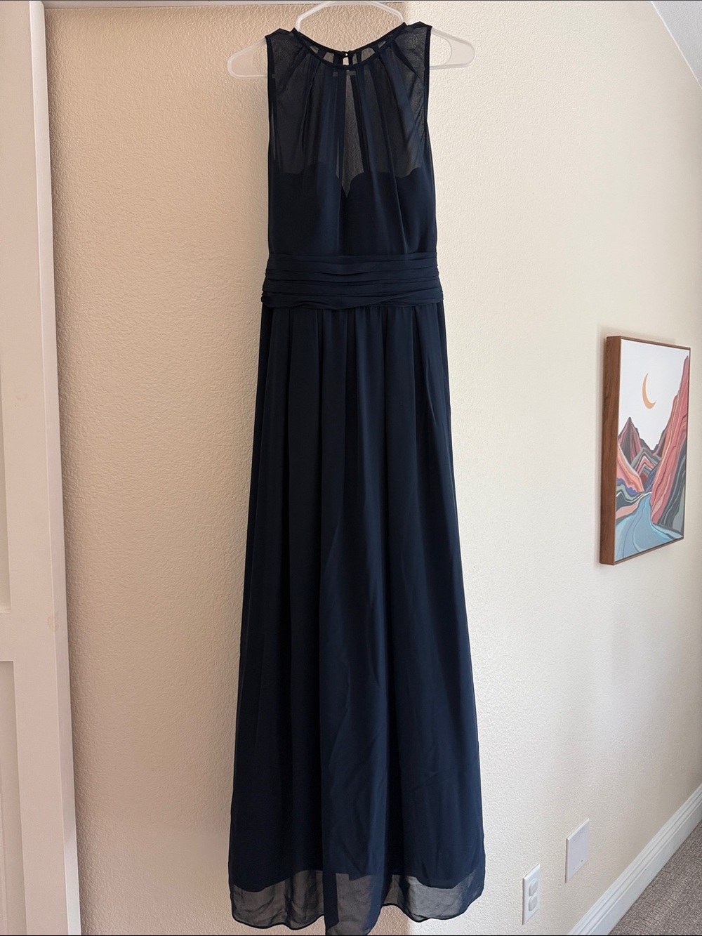 Bill Levkoff Navy Sleeveless Maxi Dress with Sheer Yoke